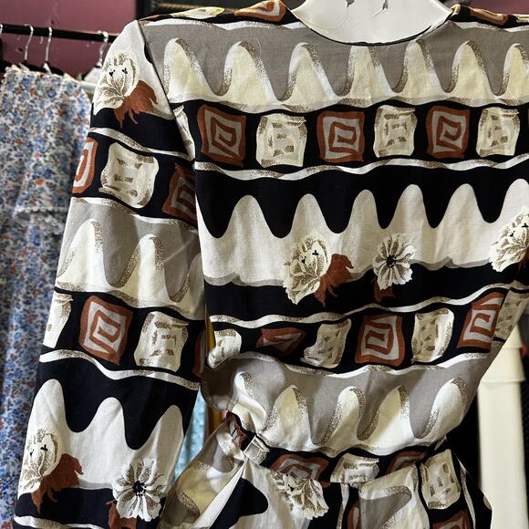 Vintage 80s 90s Maxi Dress Abstract Floral Print Ivory Brown Boho Minimalist M/L - Picture 5 of 9